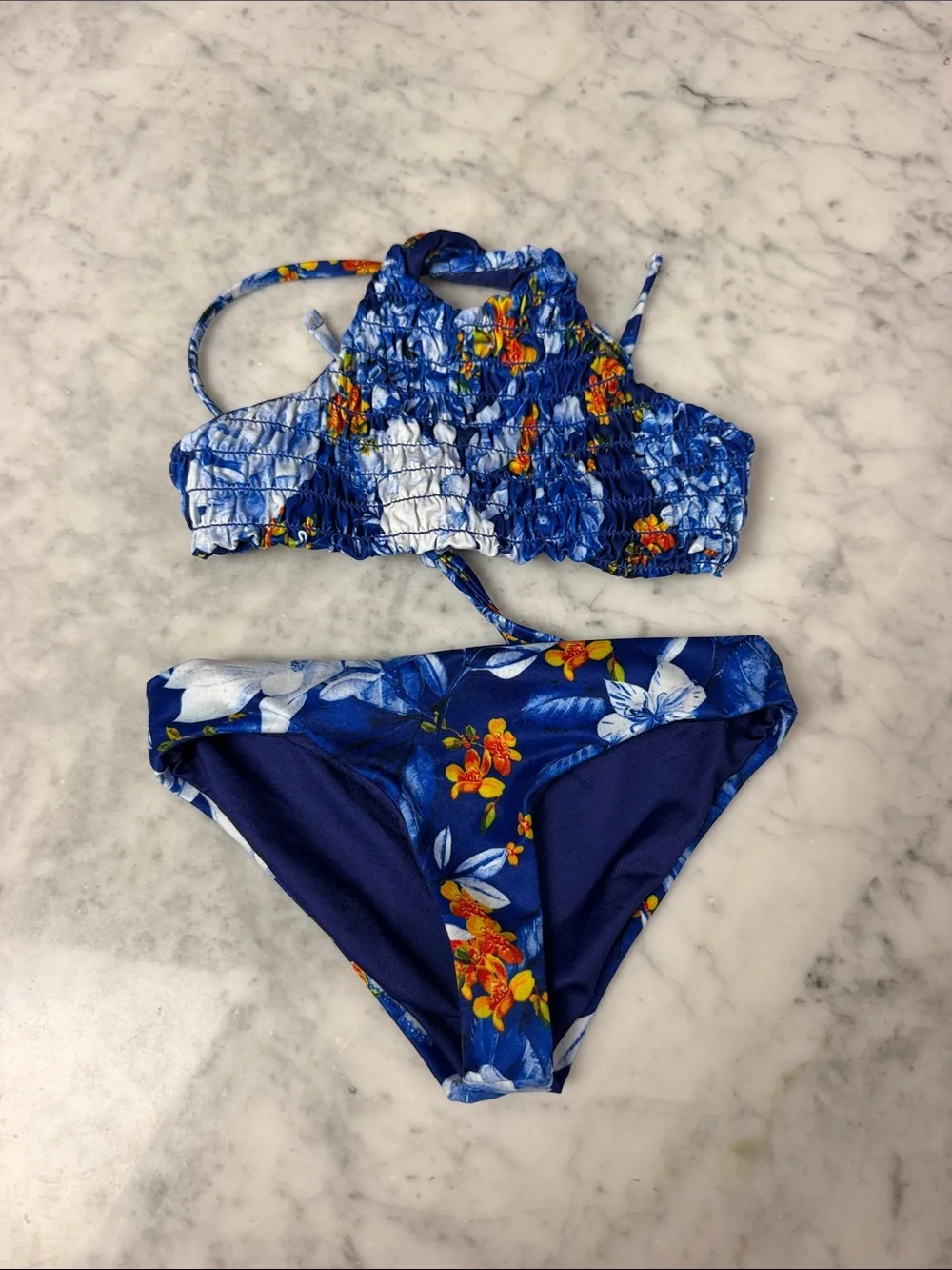 Agua Bendita Blue Floral Smocked Halter kids Bikini
